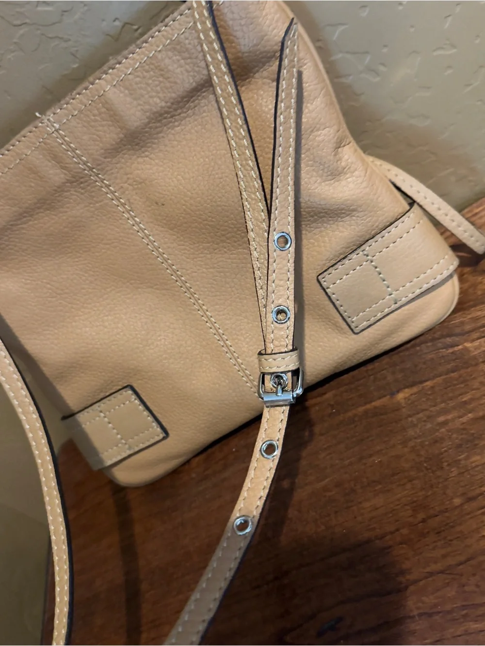 Franco Sarto Tan Pebble Leather Crossbody with Buckle Accents